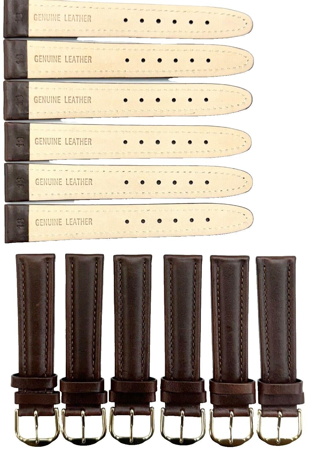 Lot of 6pcs.Watch Bands Dark Brown Genuine Leather Plain padded, stitched 18mm