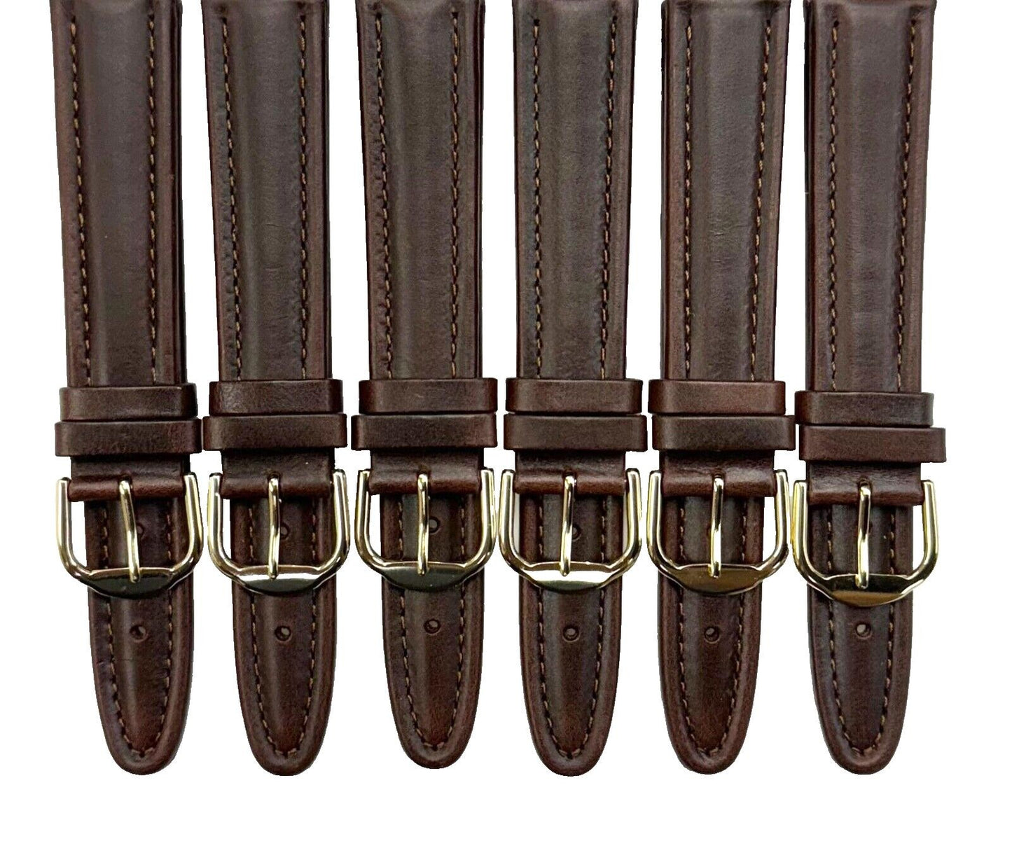 Lot of 6pcs.Watch Bands Dark Brown Genuine Leather Plain padded, stitched 18mm