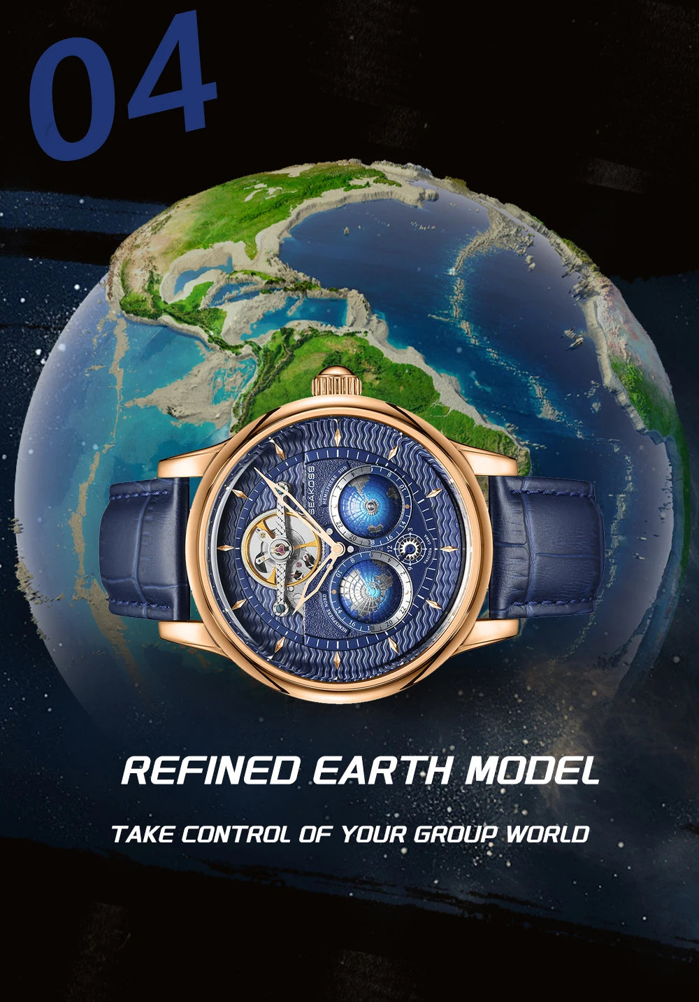 SEAKOSS 47mm Double Earth Rotating Men's Mechanical Watch Automatic Movement Flywheel Wristwatches 5Bar Waterproof Leather Strap