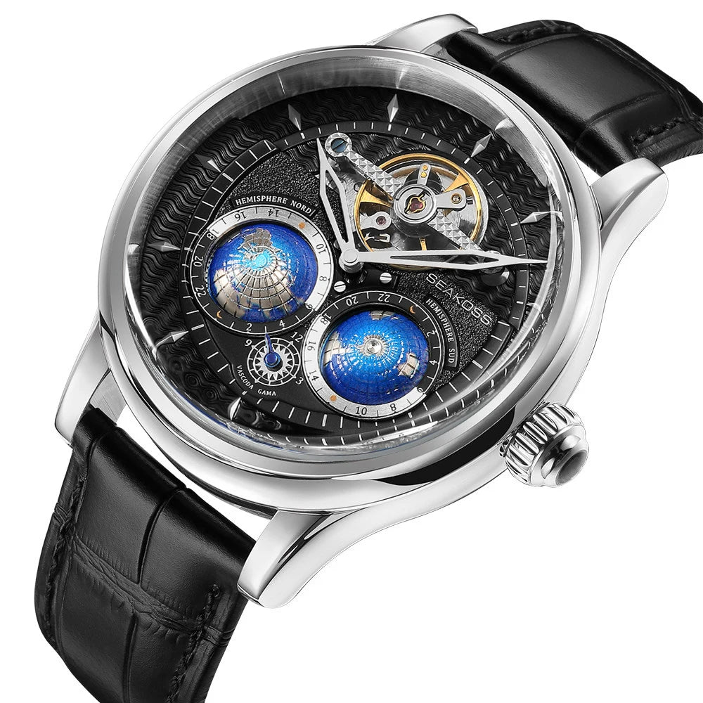 SEAKOSS 47mm Double Earth Rotating Men's Mechanical Watch Automatic Movement Flywheel Wristwatches 5Bar Waterproof Leather Strap