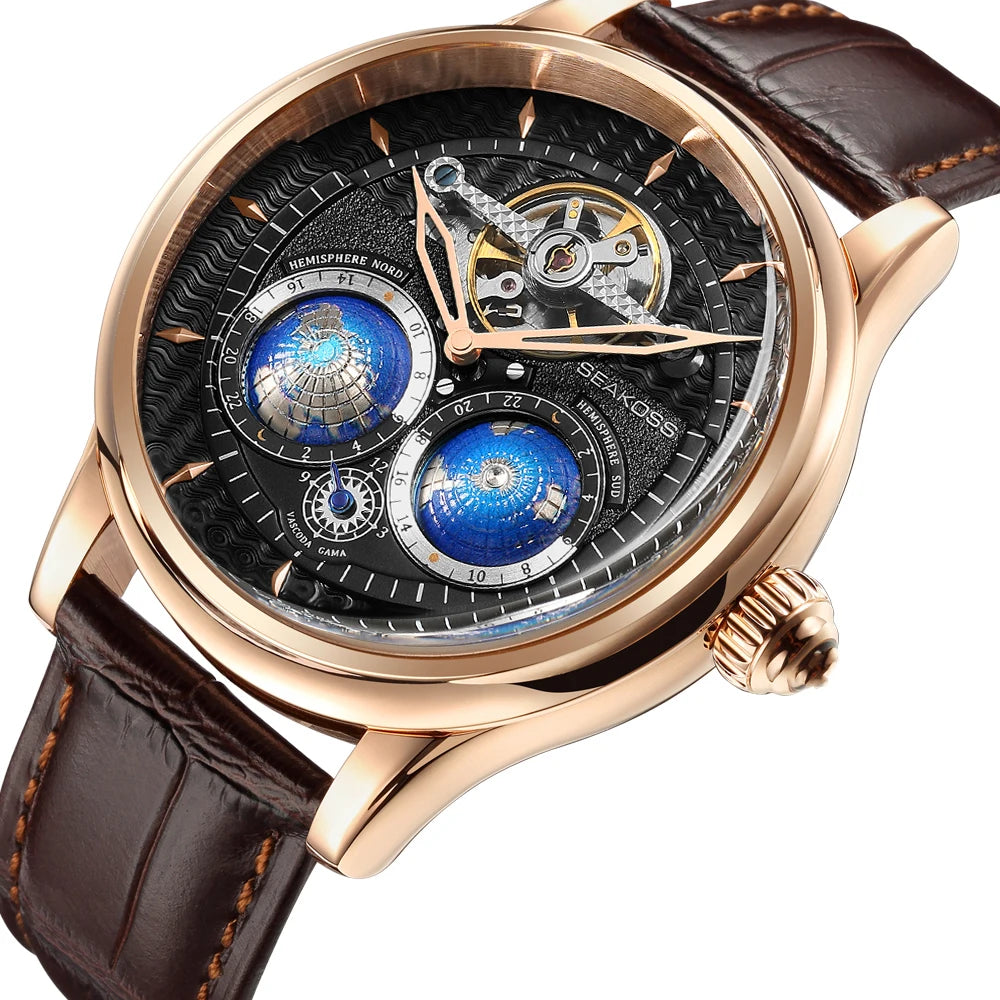 SEAKOSS 47mm Double Earth Rotating Men's Mechanical Watch Automatic Movement Flywheel Wristwatches 5Bar Waterproof Leather Strap