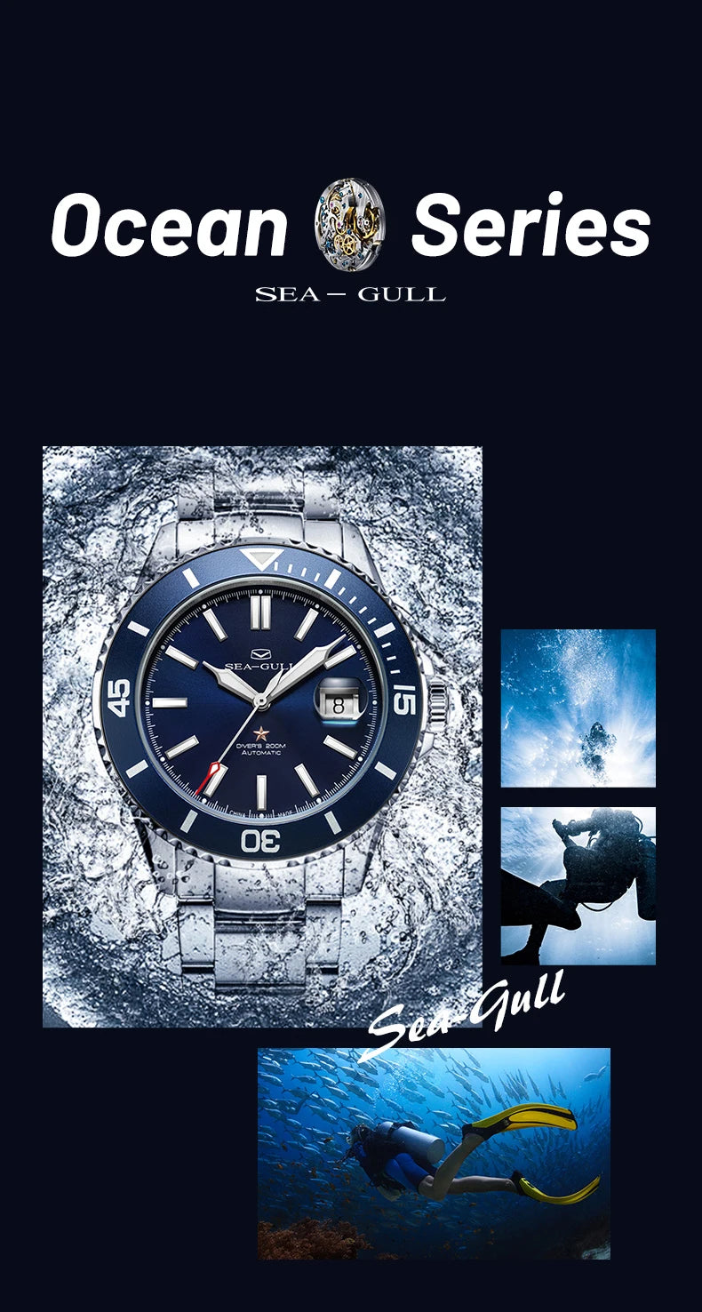 Seagull Ocean Series Stainless Steel Watch Men Business Watch Automatic Mechanical Watch 20Bar Waterproof Diving Diver Watch 523