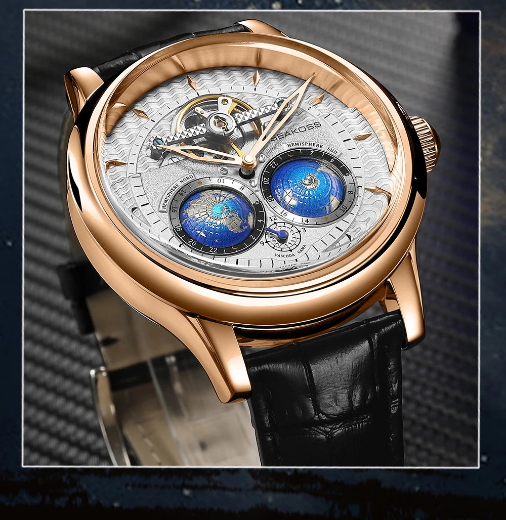 SEAKOSS 47mm Double Earth Rotating Men's Mechanical Watch Automatic Movement Flywheel Wristwatches 5Bar Waterproof Leather Strap