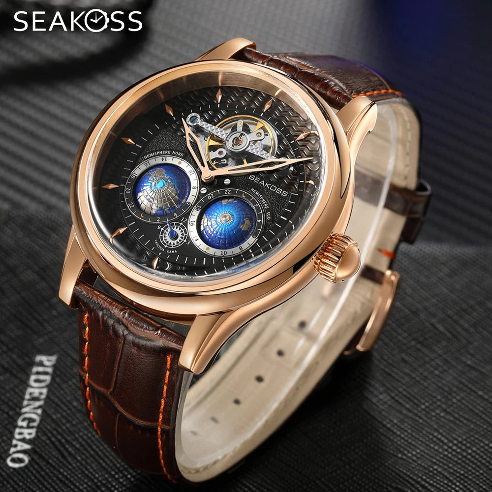 SEAKOSS 47mm Double Earth Rotating Men's Mechanical Watch Automatic Movement Flywheel Wristwatches 5Bar Waterproof Leather Strap