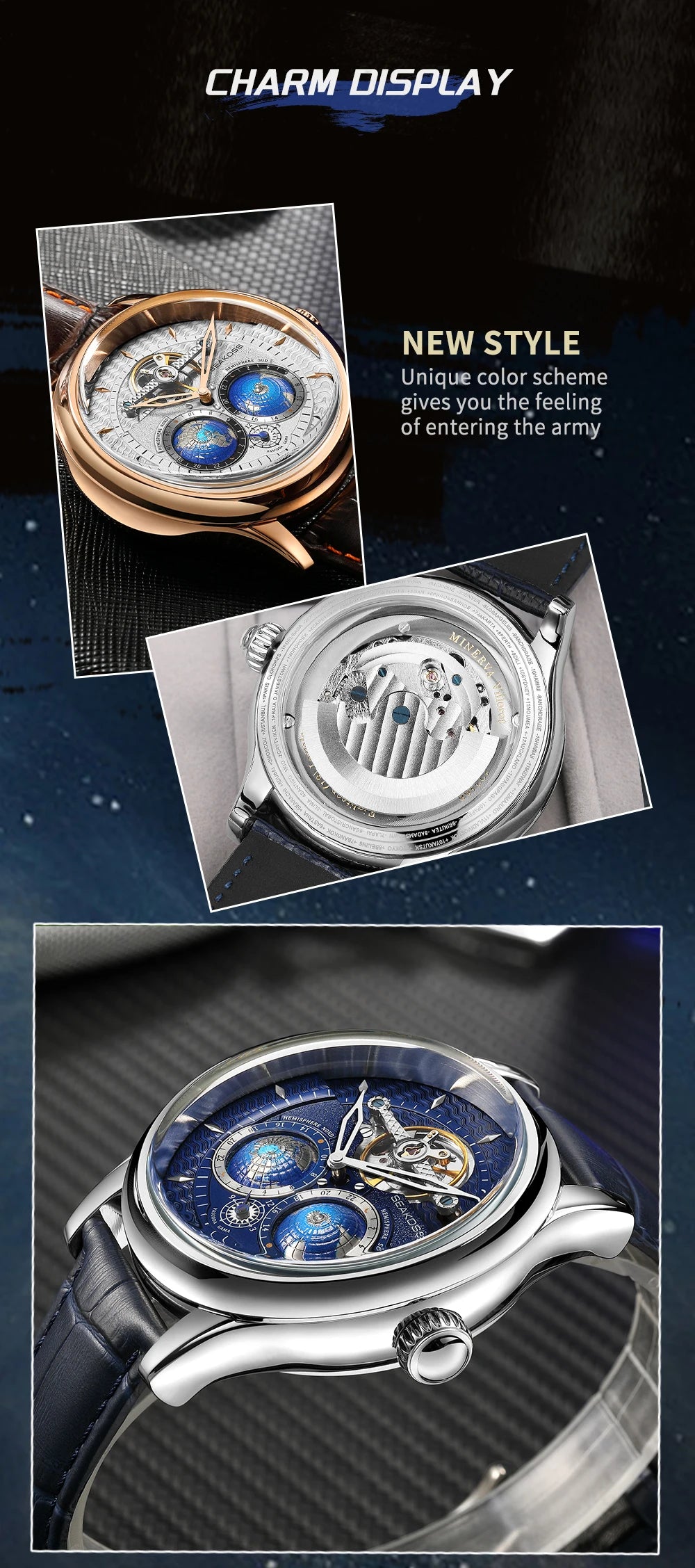 SEAKOSS 47mm Double Earth Rotating Men's Mechanical Watch Automatic Movement Flywheel Wristwatches 5Bar Waterproof Leather Strap