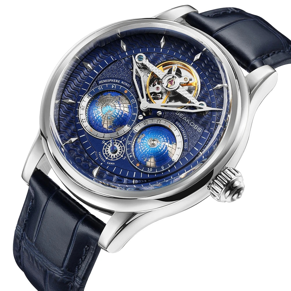 SEAKOSS 47mm Double Earth Rotating Men's Mechanical Watch Automatic Movement Flywheel Wristwatches 5Bar Waterproof Leather Strap