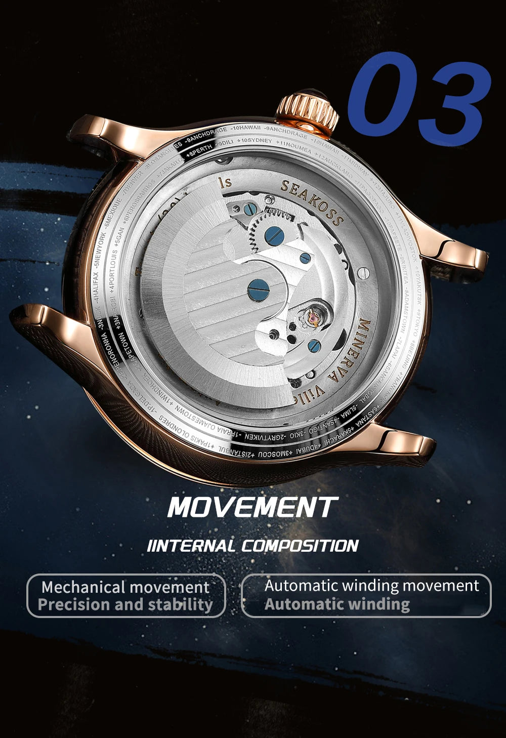 SEAKOSS 47mm Double Earth Rotating Men's Mechanical Watch Automatic Movement Flywheel Wristwatches 5Bar Waterproof Leather Strap