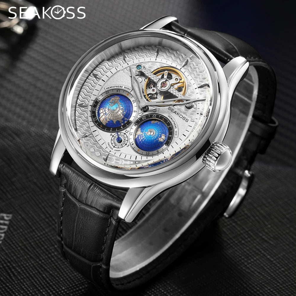 SEAKOSS 47mm Double Earth Rotating Men's Mechanical Watch Automatic Movement Flywheel Wristwatches 5Bar Waterproof Leather Strap