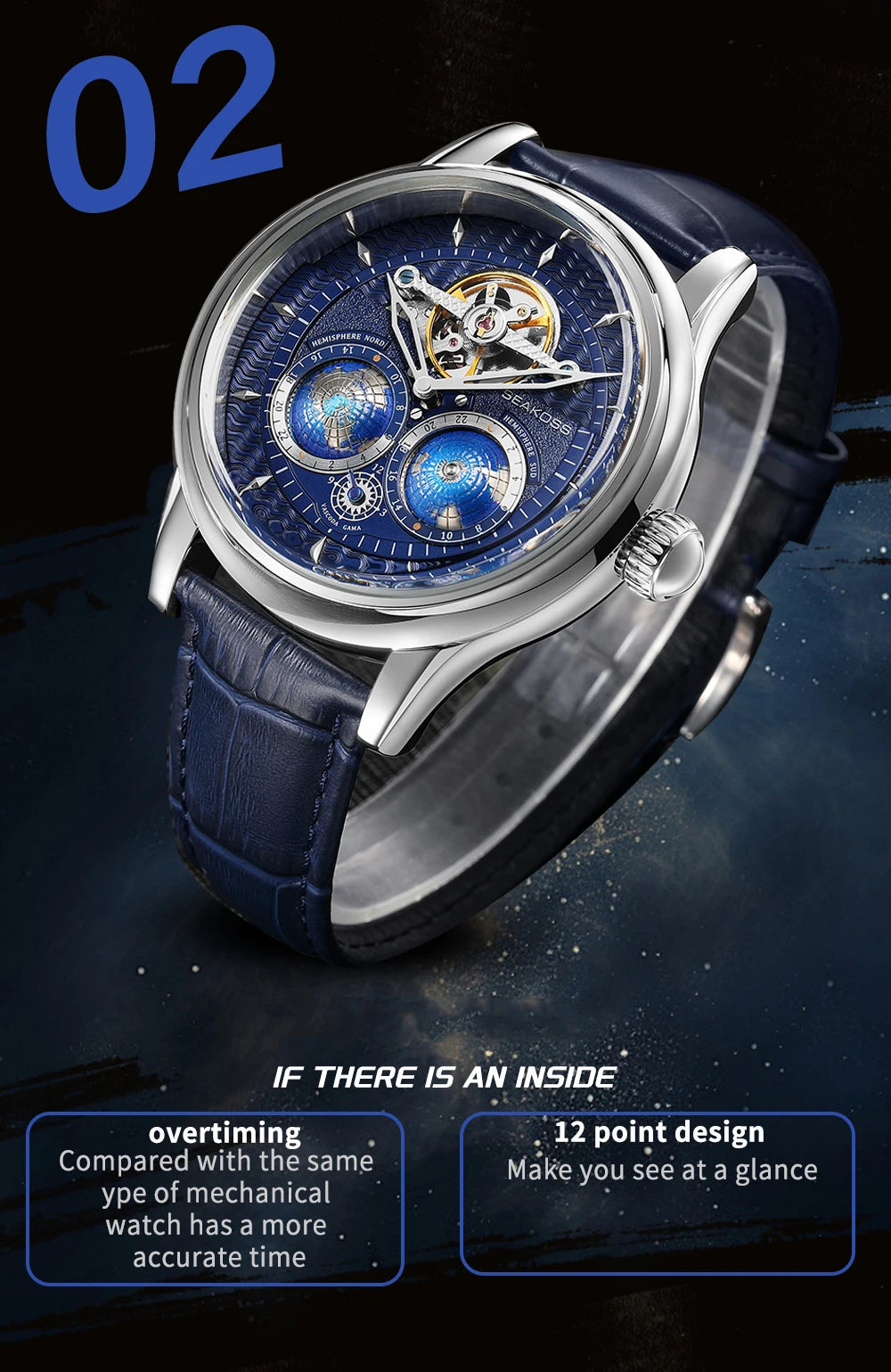 SEAKOSS 47mm Double Earth Rotating Men's Mechanical Watch Automatic Movement Flywheel Wristwatches 5Bar Waterproof Leather Strap