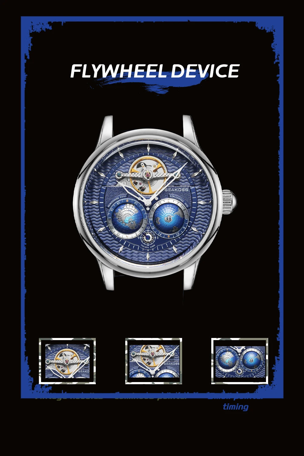 SEAKOSS 47mm Double Earth Rotating Men's Mechanical Watch Automatic Movement Flywheel Wristwatches 5Bar Waterproof Leather Strap