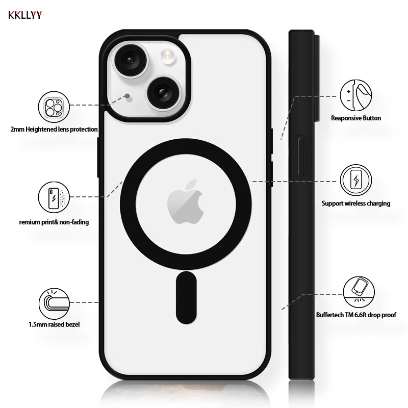 Magnetic Transparent Phone Case - Silicone Soft Edge + Acrylic Hard Back - Full Protection for iPhone 16/15/14/13/12/11 Pro Max