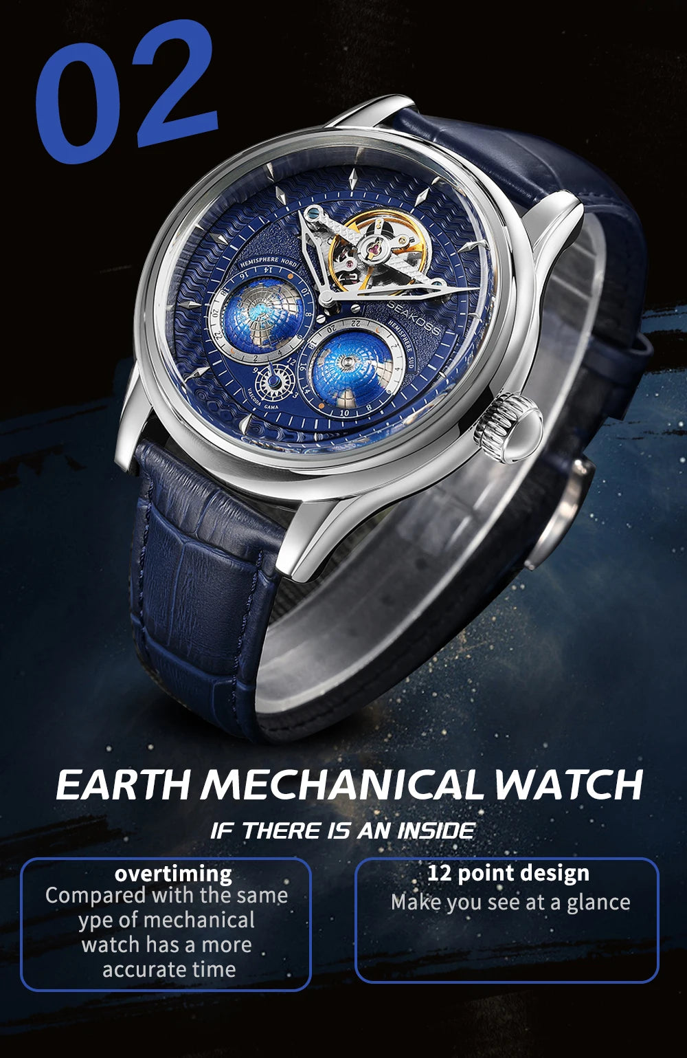 SEAKOSS 47mm Double Earth Rotating Men's Mechanical Watch Automatic Movement Flywheel Wristwatches 5Bar Waterproof Leather Strap