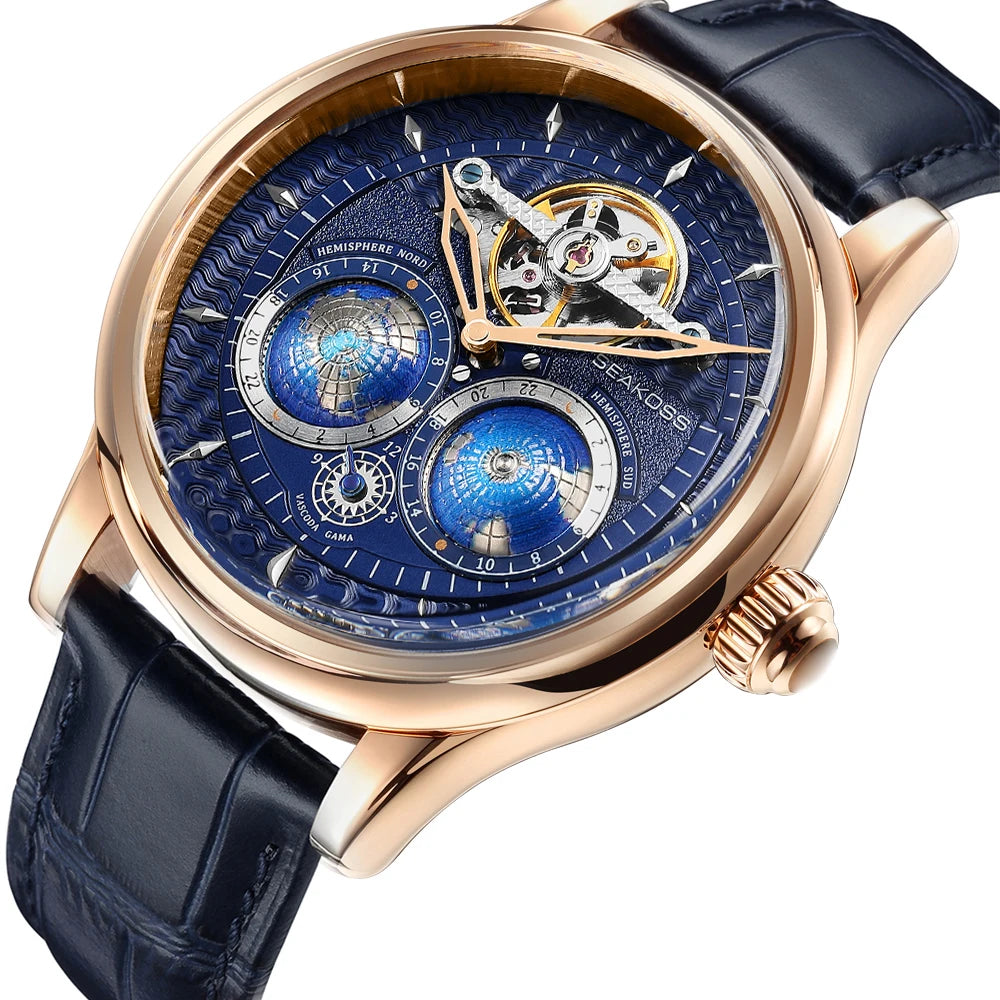 SEAKOSS 47mm Double Earth Rotating Men's Mechanical Watch Automatic Movement Flywheel Wristwatches 5Bar Waterproof Leather Strap