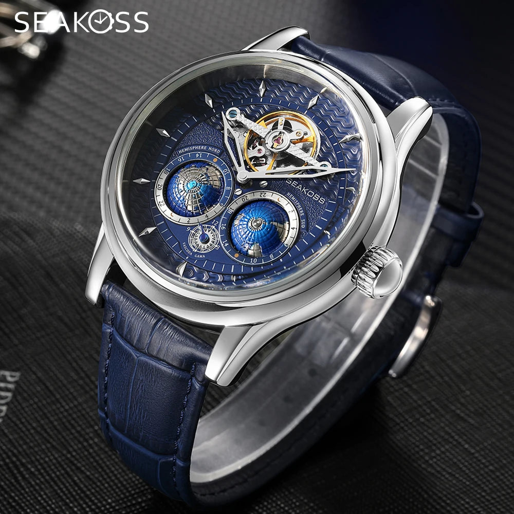 SEAKOSS 47mm Double Earth Rotating Men's Mechanical Watch Automatic Movement Flywheel Wristwatches 5Bar Waterproof Leather Strap