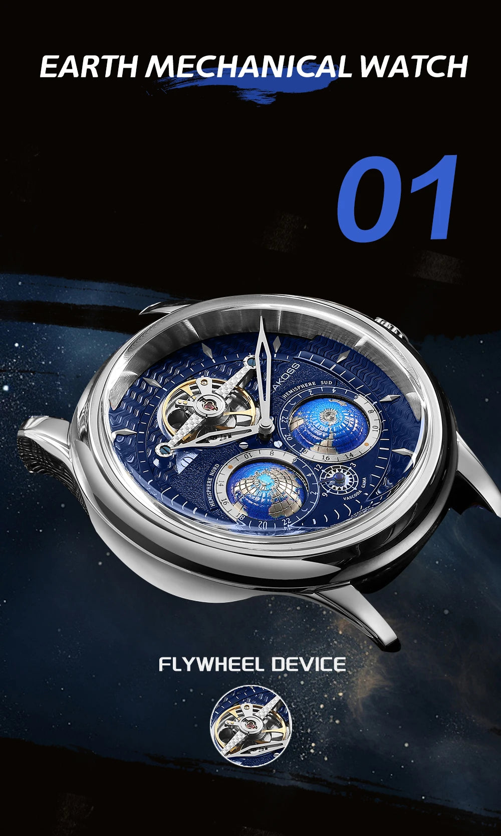 SEAKOSS 47mm Double Earth Rotating Men's Mechanical Watch Automatic Movement Flywheel Wristwatches 5Bar Waterproof Leather Strap