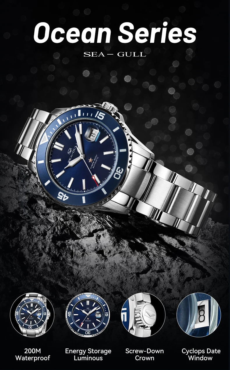 Seagull Ocean Series Stainless Steel Watch Men Business Watch Automatic Mechanical Watch 20Bar Waterproof Diving Diver Watch 523