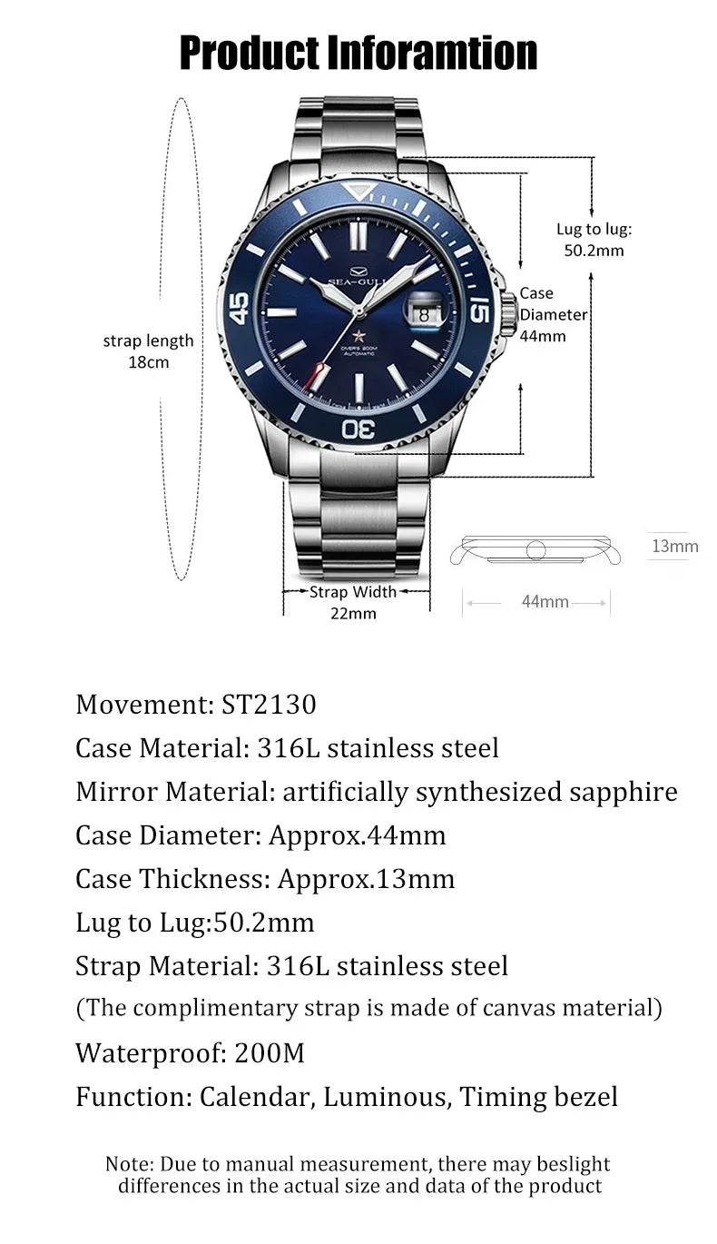 Seagull Ocean Series Stainless Steel Watch Men Business Watch Automatic Mechanical Watch 20Bar Waterproof Diving Diver Watch 523