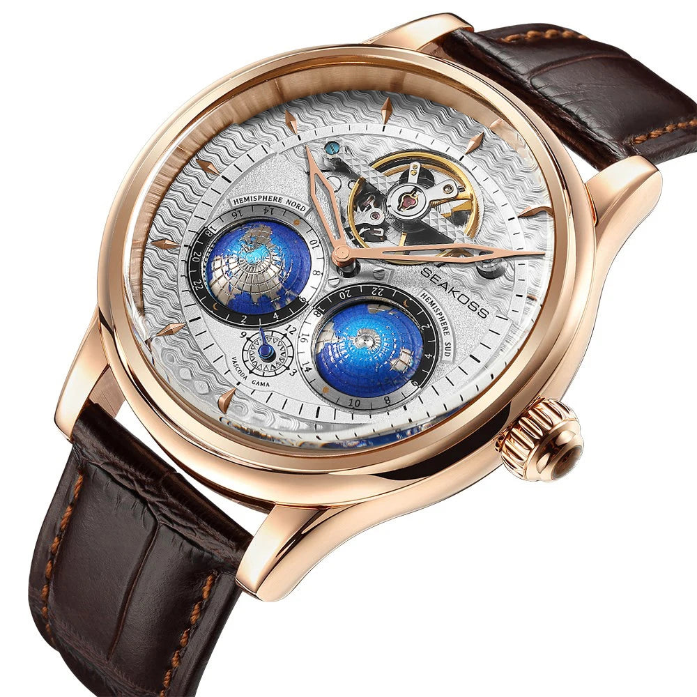 SEAKOSS 47mm Double Earth Rotating Men's Mechanical Watch Automatic Movement Flywheel Wristwatches 5Bar Waterproof Leather Strap