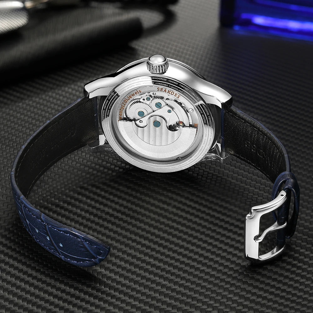 SEAKOSS 47mm Double Earth Rotating Men's Mechanical Watch Automatic Movement Flywheel Wristwatches 5Bar Waterproof Leather Strap