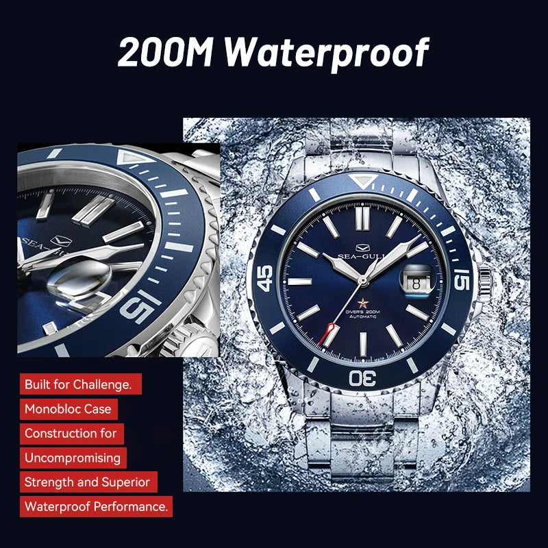 Seagull Ocean Series Stainless Steel Watch Men Business Watch Automatic Mechanical Watch 20Bar Waterproof Diving Diver Watch 523