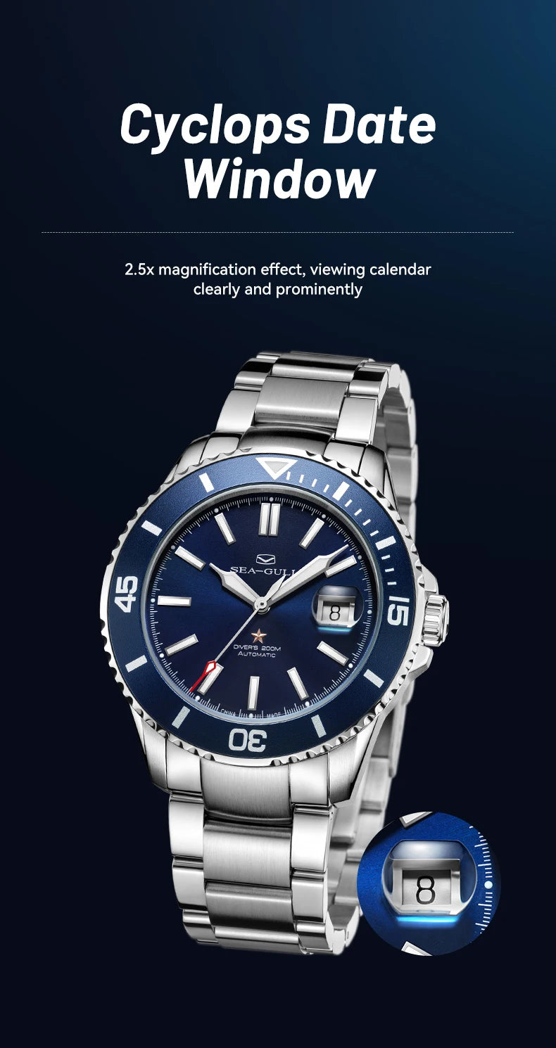 Seagull Ocean Series Stainless Steel Watch Men Business Watch Automatic Mechanical Watch 20Bar Waterproof Diving Diver Watch 523