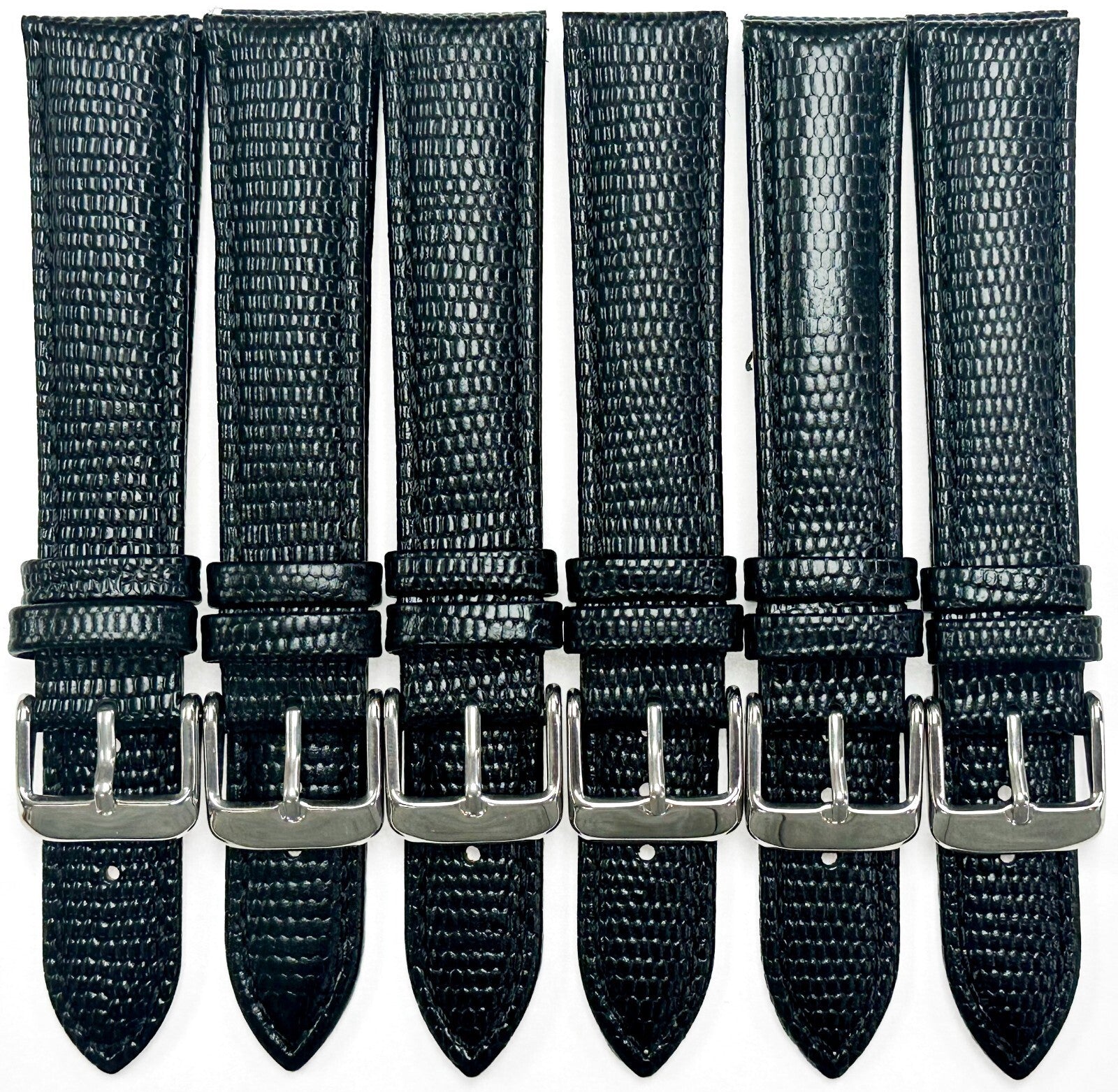  Lot of 6 Bands 18MM Genuine Leather Lizard Grain Padded Black High Quality