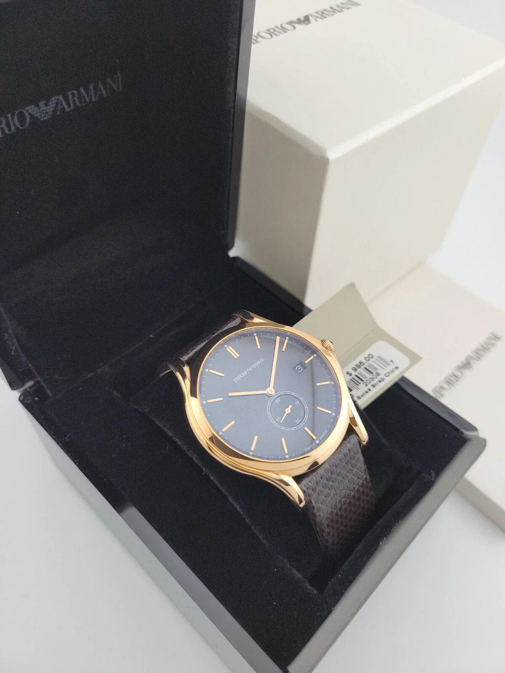 $995 MSRP | Emporio Armani Men’s Gold Tone Black Leather Band Watch – ARS1003