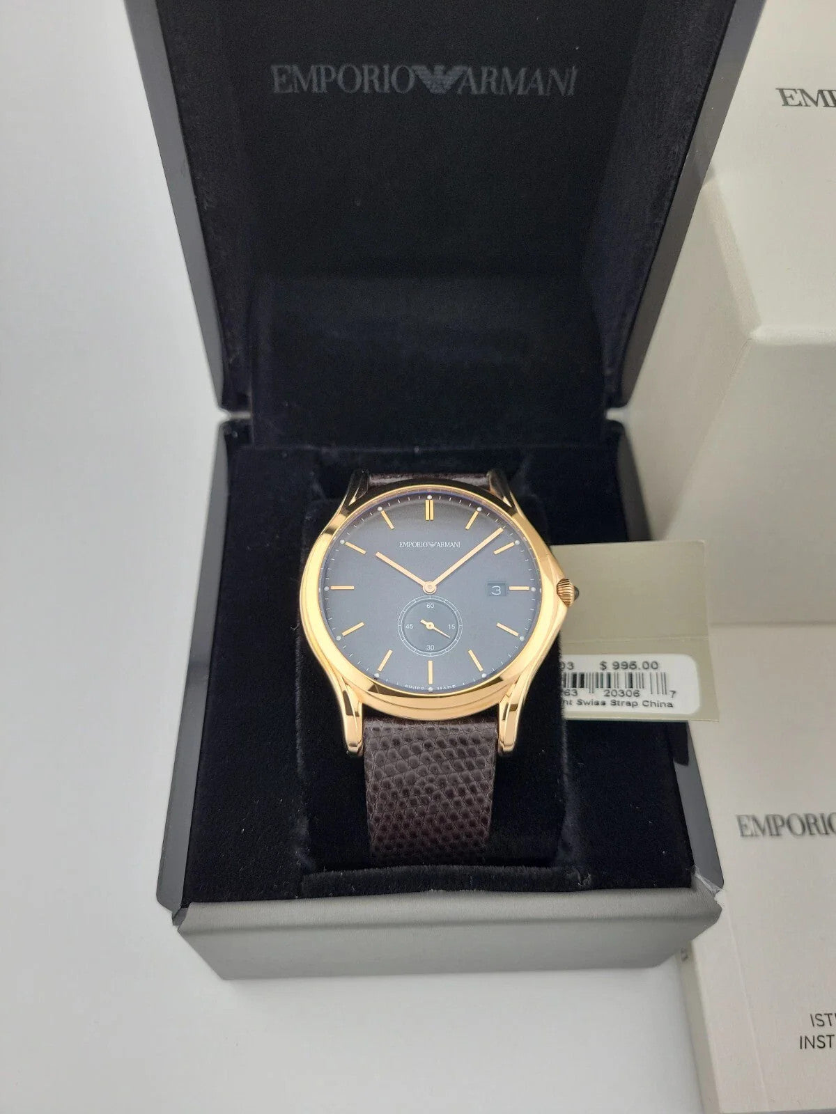 $995 MSRP | Emporio Armani Men’s Gold Tone Black Leather Band Watch – ARS1003