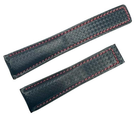 Black Carbon Fiber Pattern Genuine Leather Band fit to TAG H 22x18m Red Stitched