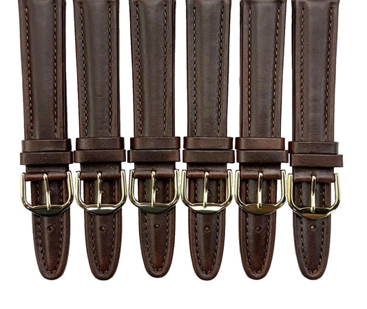 Lot of 6pcs.Watch Bands Dark Brown Genuine Leather Plain padded, stitched 18mm