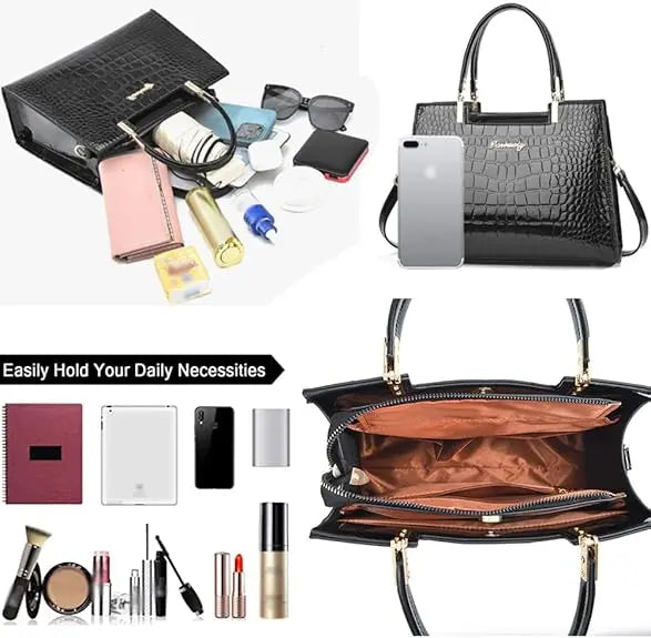 Hoor New York Luxury handbags Shiny Patent Leather Crocodile Pattern Top Handle Handbag Satchel Bags Zipper Medium Tote Bag