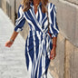 Fashion Printed Shirt Dress With Belt Slim Fit Three-quarter Sleeve Lapel Dress For Women Clothing