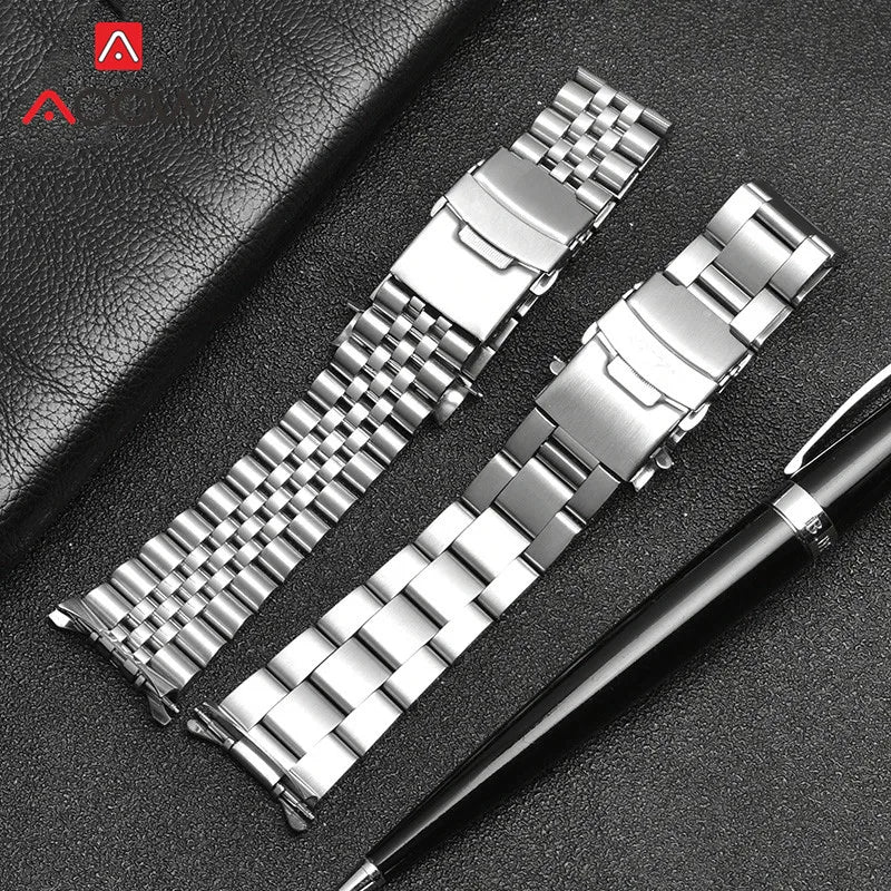 20mm 22mm Solid Stainless Steel Strap Curved End Folding Buckle Men Metal Replacement Band Bracelet Watch Accessories for Seiko