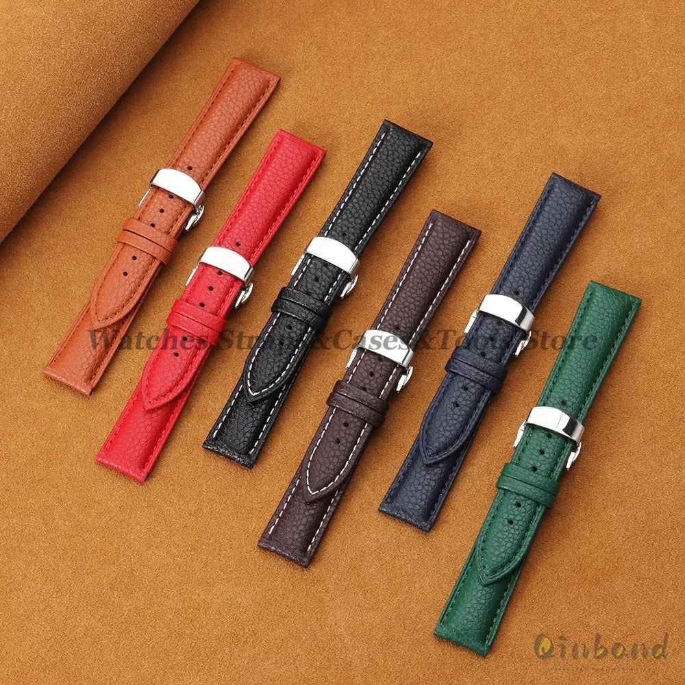 Genuine Calfskin Litchi Leather Watch Bands 16/18/19/20/21/22/24mm for Seiko for Omega Business Men Women Butterfly Buckle Strap