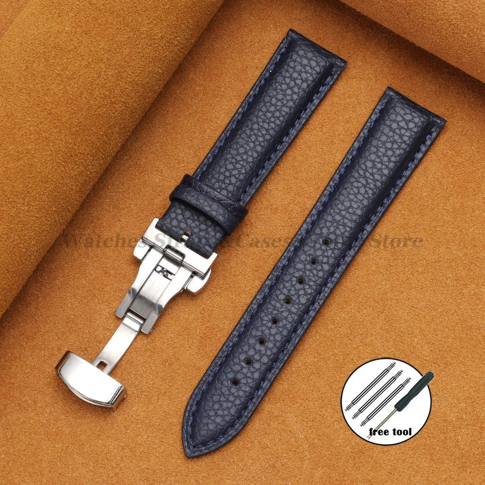 Genuine Calfskin Litchi Leather Watch Bands 16/18/19/20/21/22/24mm for Seiko for Omega Business Men Women Butterfly Buckle Strap