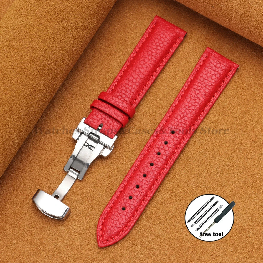 Genuine Calfskin Litchi Leather Watch Bands 16/18/19/20/21/22/24mm for Seiko for Omega Business Men Women Butterfly Buckle Strap