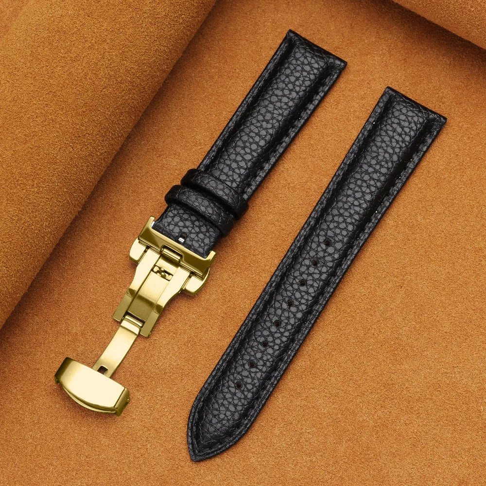 12/14/16/18/19/20/22mm Calfskin Watchbands Litchi Grain Strap Genuine Leather Wristwatch Band Butterfly Buckle Watch Accessories