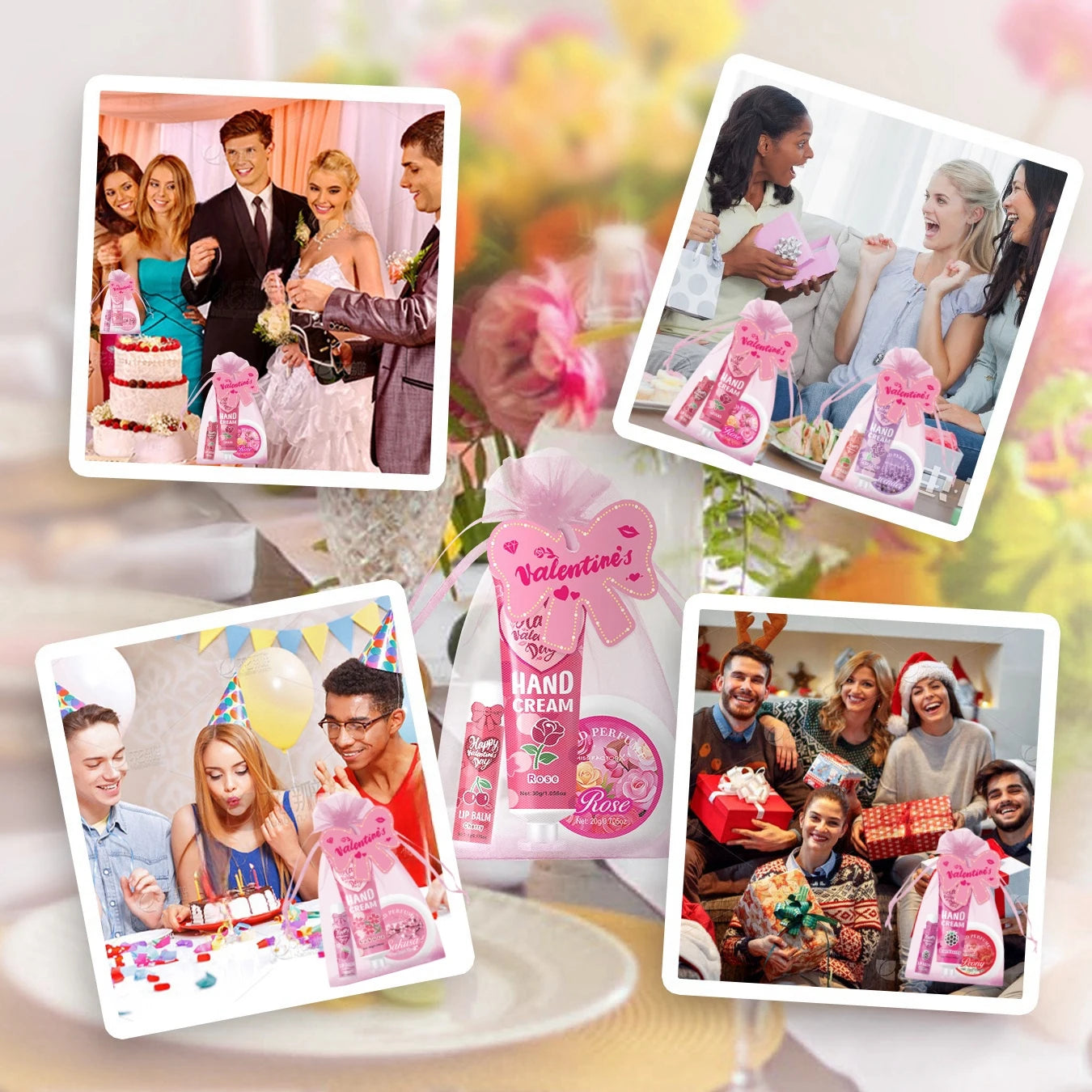 Gift sets 20PCS/box bulk thank you gifts assembly distribution lip balm hand cream perfume pink gift bag and bow card