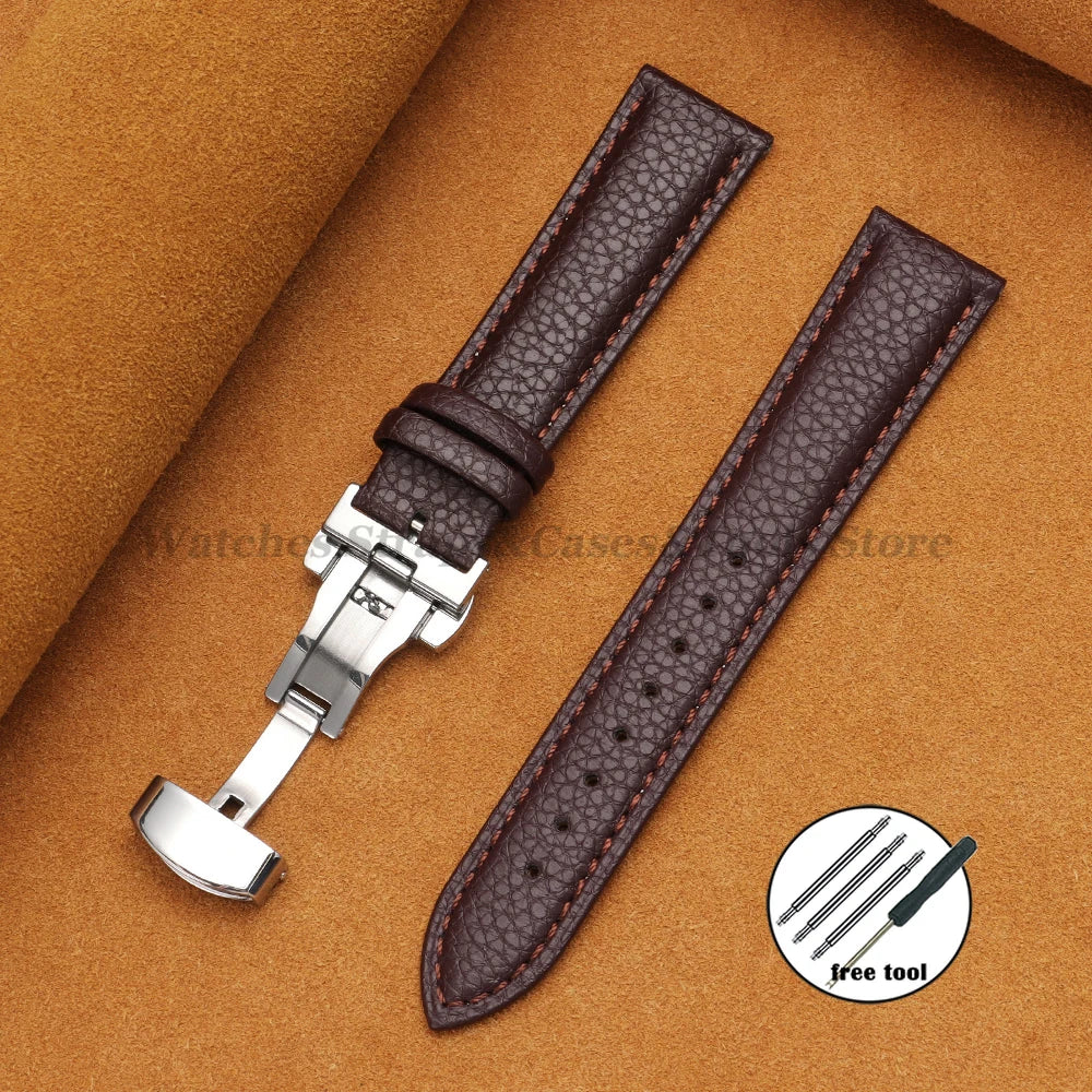 Genuine Calfskin Litchi Leather Watch Bands 16/18/19/20/21/22/24mm for Seiko for Omega Business Men Women Butterfly Buckle Strap