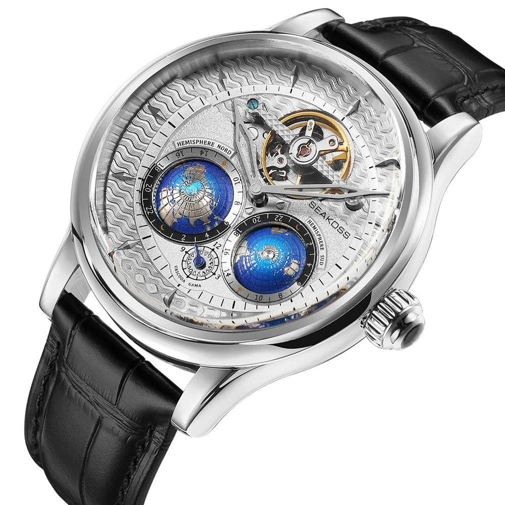 SEAKOSS 47mm Double Earth Rotating Men's Mechanical Watch Automatic Movement Flywheel Wristwatches 5Bar Waterproof Leather Strap