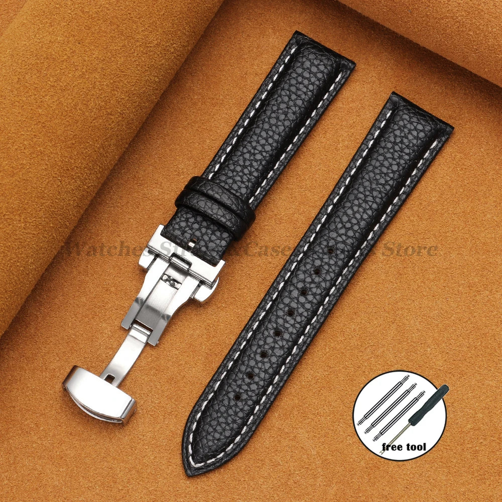 Genuine Calfskin Litchi Leather Watch Bands 16/18/19/20/21/22/24mm for Seiko for Omega Business Men Women Butterfly Buckle Strap