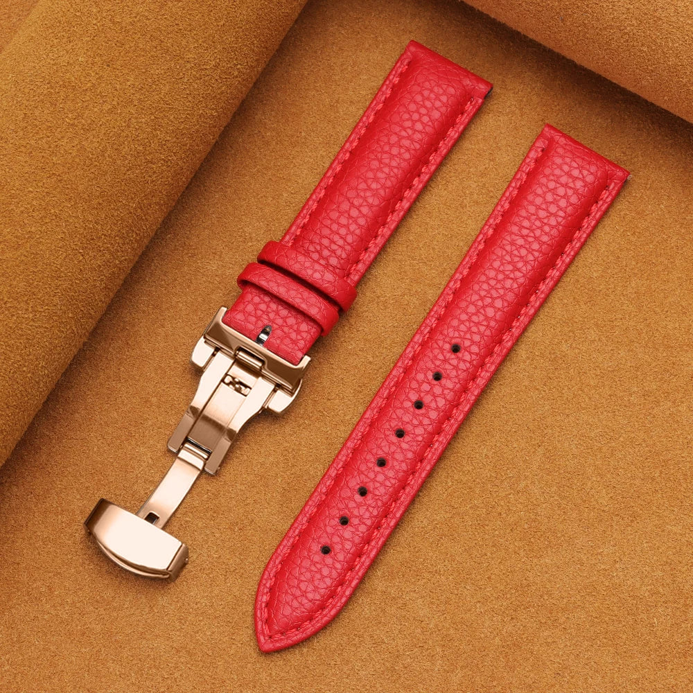 12/14/16/18/19/20/22mm Calfskin Watchbands Litchi Grain Strap Genuine Leather Wristwatch Band Butterfly Buckle Watch Accessories
