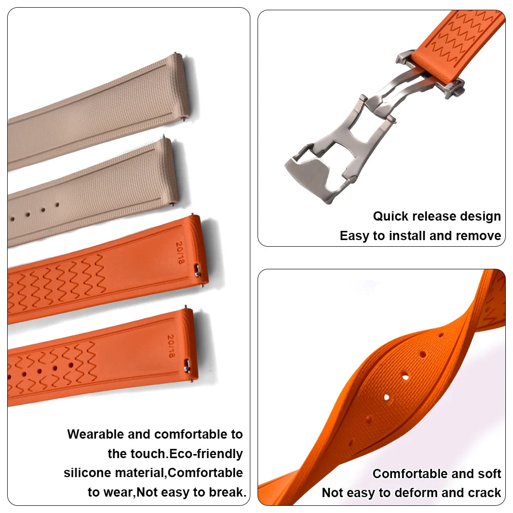 Premium Grade Soft FKM Rubber Watch Strap 20mm 21mm 22mm Perfect Fit Flat End Universal Quick Release Watch Strap