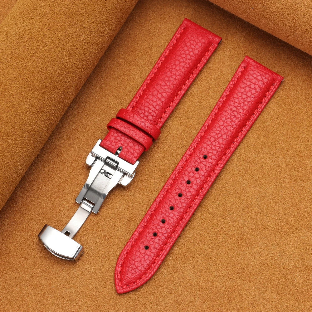 12/14/16/18/19/20/22mm Calfskin Watchbands Litchi Grain Strap Genuine Leather Wristwatch Band Butterfly Buckle Watch Accessories