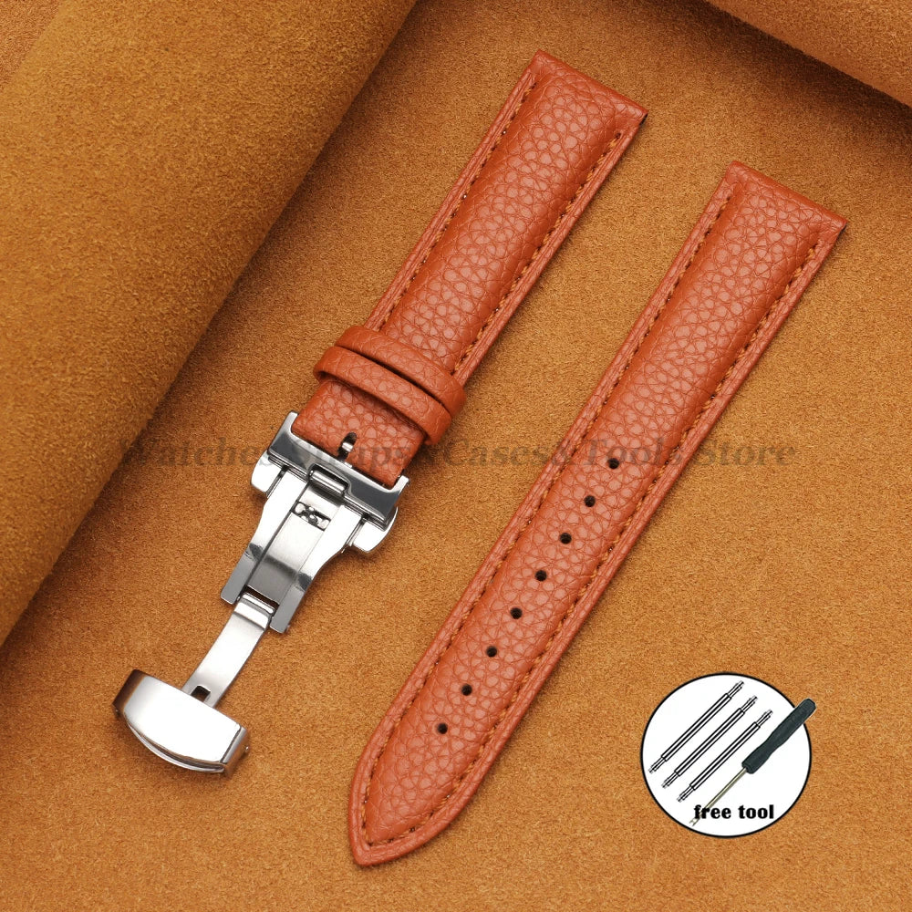 Genuine Calfskin Litchi Leather Watch Bands 16/18/19/20/21/22/24mm for Seiko for Omega Business Men Women Butterfly Buckle Strap