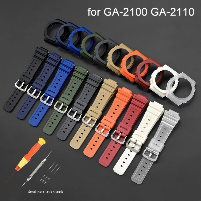 Resin Watch Strap Case Bezel for Casio G-SHOCK GA-2100 GA-2110 Men Sport Waterproof Rubber Watch Band Modifying Kit with tools