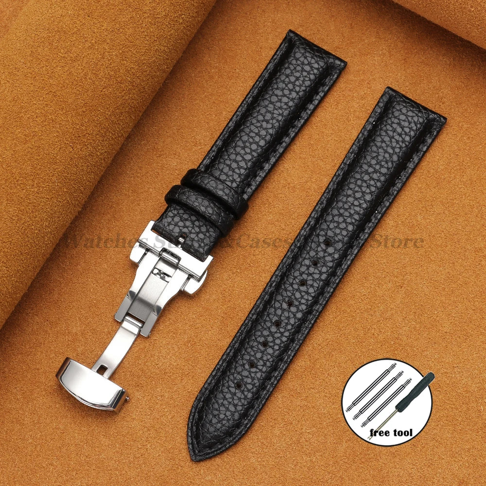 Genuine Calfskin Litchi Leather Watch Bands 16/18/19/20/21/22/24mm for Seiko for Omega Business Men Women Butterfly Buckle Strap
