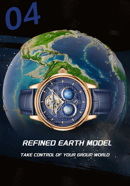 SEAKOSS 47mm Double Earth Rotating Men's Mechanical Watch Automatic Movement Flywheel Wristwatches 5Bar Waterproof Leather Strap
