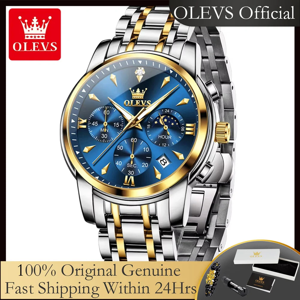 OLEVS 3639 Luxury Quartz Watch Stainless Steel Watch for Men Top Brand Original  Waterproof Luminous Moon Phase Men's Hand Clock