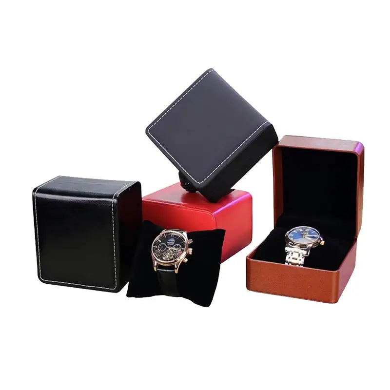 Black Single Watch Gift Box with Pillow PU Leather Wristwatch Display Case Organizer for Men Clamshell PU leather watch case